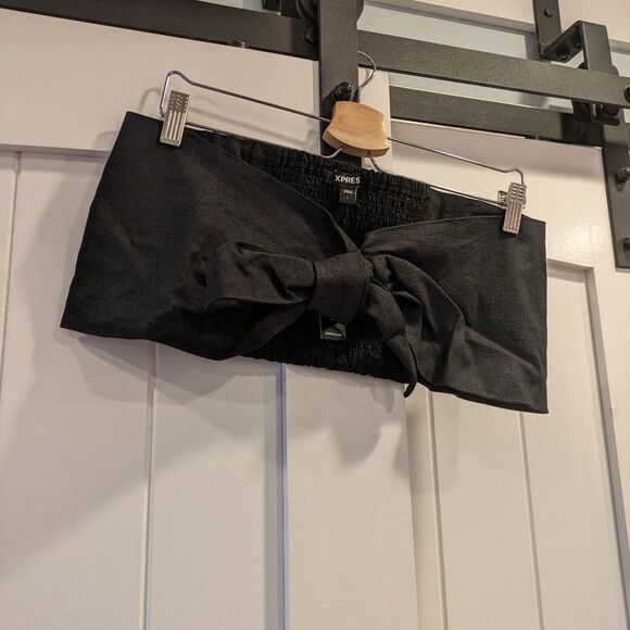 EXPRESS Linen-Blend Tie Front Bandeau Top / Crop Top in Black NWT (L + XL) - Picture 13 of 16